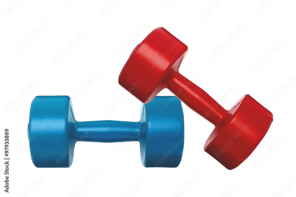 blue and red dumbbells fitness isolated on white blue and red dumbbells fitness isolated on white