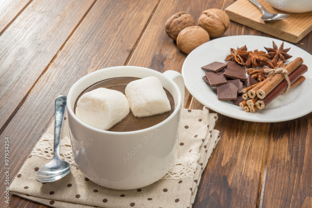 Fototapeta premium homemade hot chocolate and marshmallow, spice with walnut