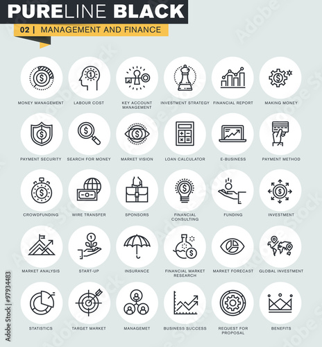 Set of thin line web icons of management and finance. Premium quality icons for website, mobile website and app design.