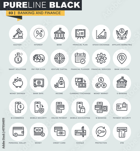 Set of thin line web icons of banking and finance. Premium quality icons for website, mobile website and app design.