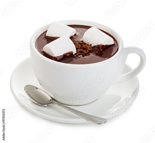 Hot chocolate with marshmallows close-up isolated on a white background.