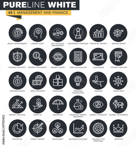 Thin line web icons collection for investment, financial market, e-business, money transfer, management, consulting.