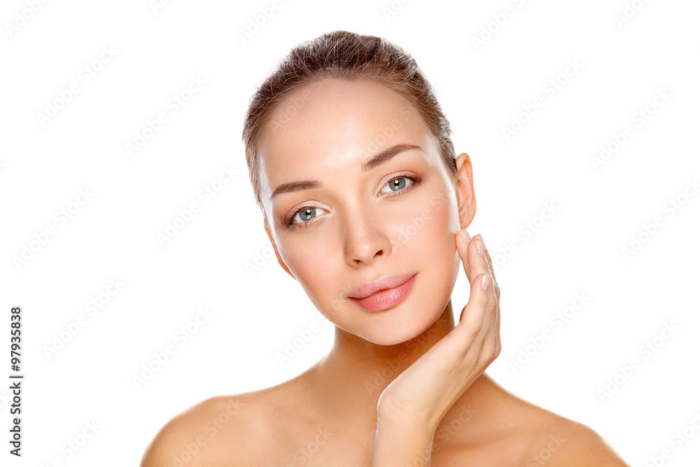 Close up portrait of beautiful young woman face. Isolated on white background Close up portrait of beautiful young woman face. Isolated on white background