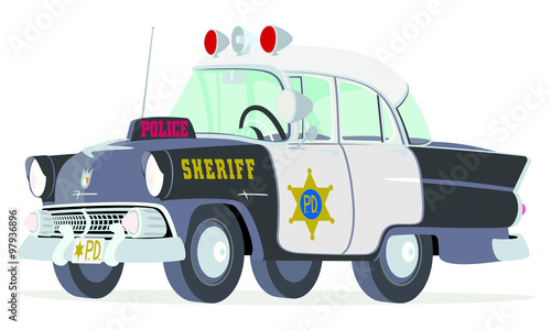 Caricatura Ford Mainline Town Sedan 1955 policía negro y blanco USA vista frontal y lateral