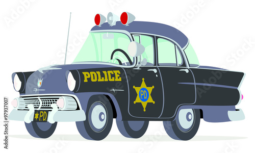 Caricatura Ford Mainline Town Sedan 1955 policía negro USA vista frontal y lateral