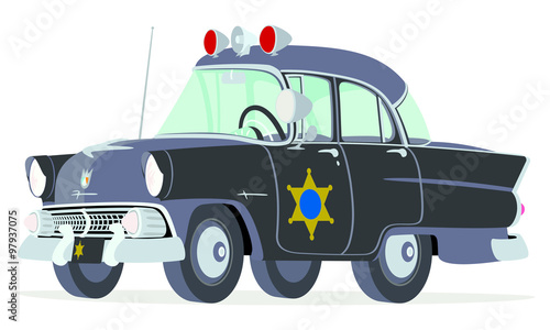 Caricatura Ford Mainline Town Sedan 1955 policía negro USA vista frontal y lateral