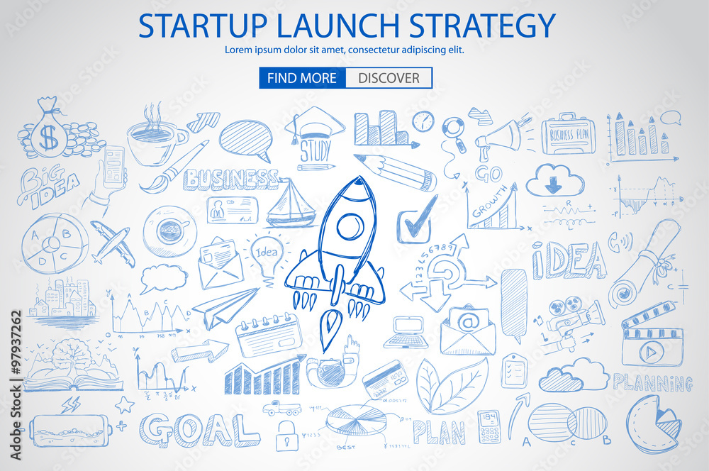 Obraz premium Strartup Launch Strategy Concept with Doodle design style