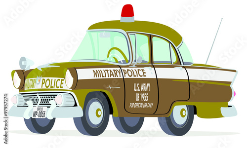Caricatura Ford Mainline Town Sedan 1955 policía militar USA verde vista frontal y lateral