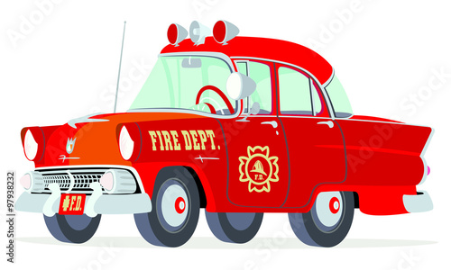 Caricatura Ford Mainline Town Sedan 1955 jefe bomberos rojo vista frontal y lateral