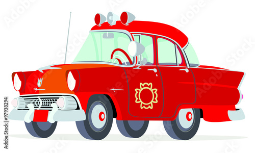 Caricatura Ford Mainline Town Sedan 1955 jefe bomberos rojo vista frontal y lateral