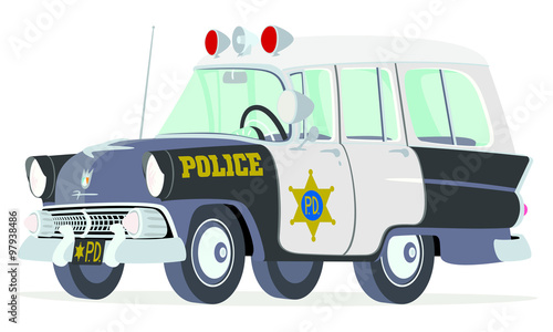 Caricatura Ford Mainline Country Sedan Station Wagon 1955 policía USA vista frontal y lateral