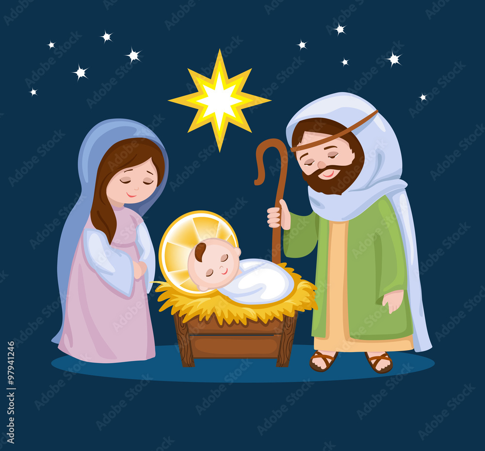 Cartoon nativity scene with holy family Stock Vector | Adobe Stock