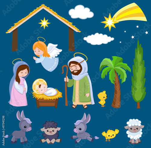 Set of Christmas scene elements. Cartoon nativity holy family.