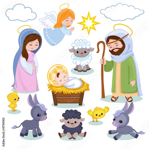 Set of Christmas scene elements. Cartoon nativity holy family.