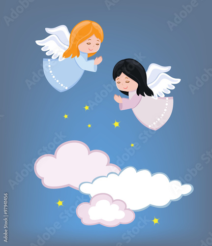 Cute little angels flying in the sky. Vector illustration.