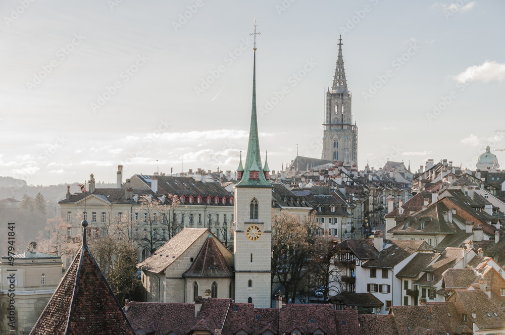 Bern, Altstadt, Stadt, Münster, Kirche, Nydeggkirche, Kirchtürme, Aussicht, Altstadthäuser, Weihnachten, Winter, Schweiz
