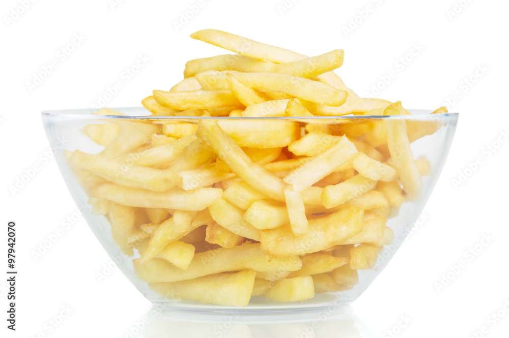 Fries in glass bowl close up isolated on white Fries in glass bowl close up isolated on white
