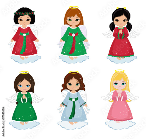 Collection of christmas angels isolated on white background . Vector illustration.