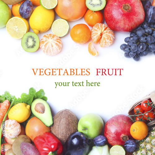Fresh vegetables fruits isolated white background
