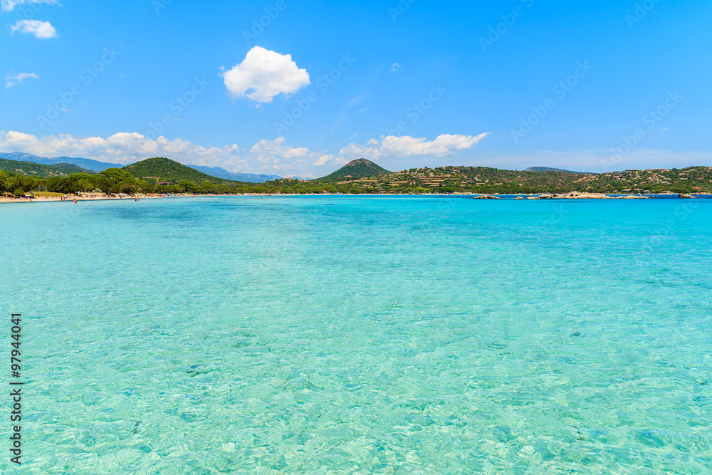 Turquoise sea water of Santa Giulia bay, Corsica island, France
