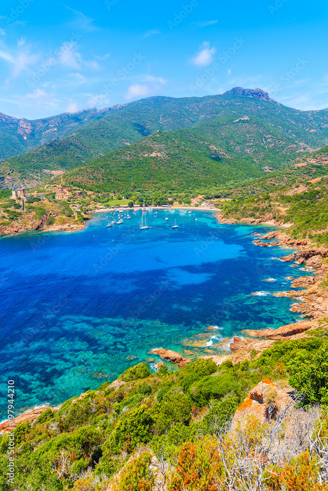 Fototapeta premium A view of beautiful Girolata bay with azure sea water, Corsica island, France