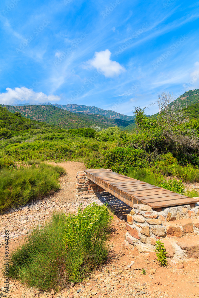 Wooden footbridge on mountain trail to Girolata bay, Corsica island, France