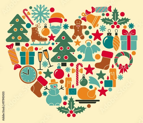 Christmas and new year symbols in heart shape