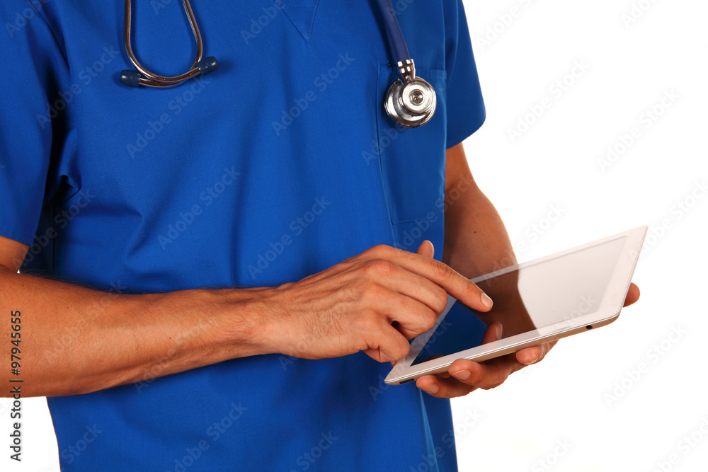 Male doctor holding digital tablet isolated on white background Male doctor holding digital tablet isolated on white background