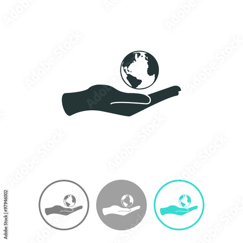 Globe icon with hand vector icon.