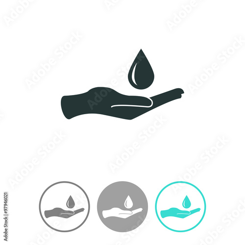 Hand with water drop symbol. Save water icon. Environmental protection symbol. Drop in hand vector icon.