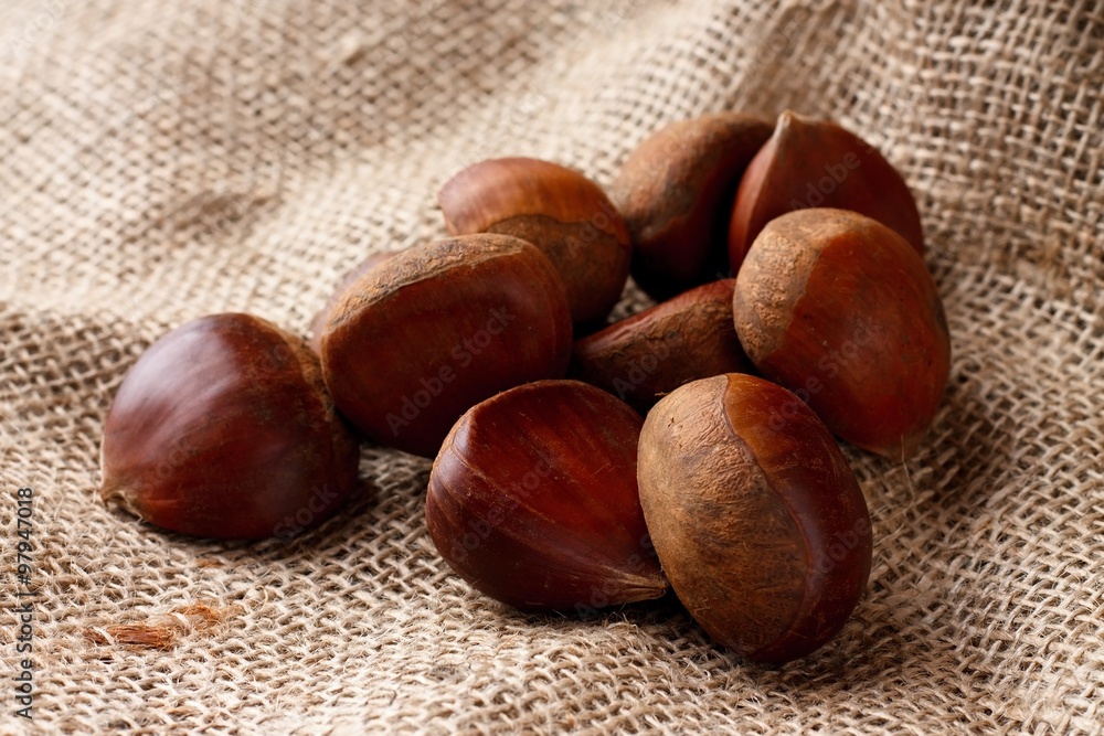 Fototapeta premium Heap of brown chestnuts on burlap