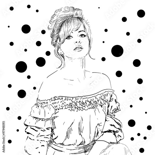 Beautiful retro woman, vector. Copy space. In little black dress with a sun glasses.