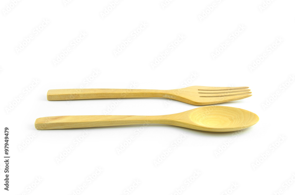 wood fork and spoon isolated in white background