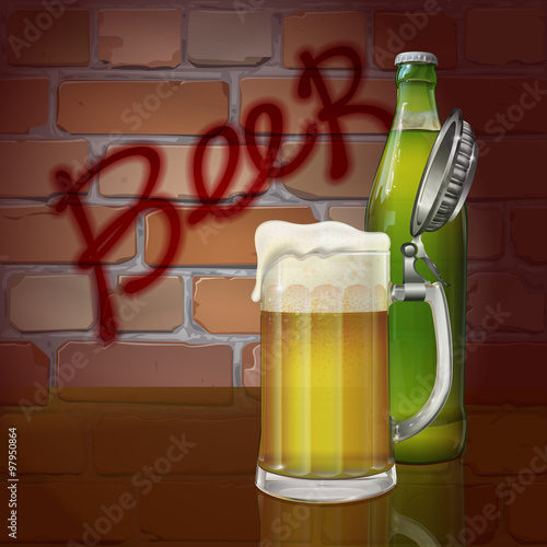 Beer mug, bottle, brick wall, the word "beer". Vector