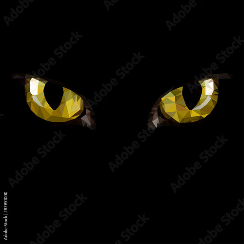Amber cat eyes in darkness. Style triangulation