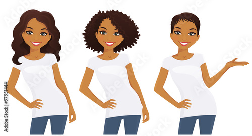 Set of cute girls with different hairstyles in white T-shirts