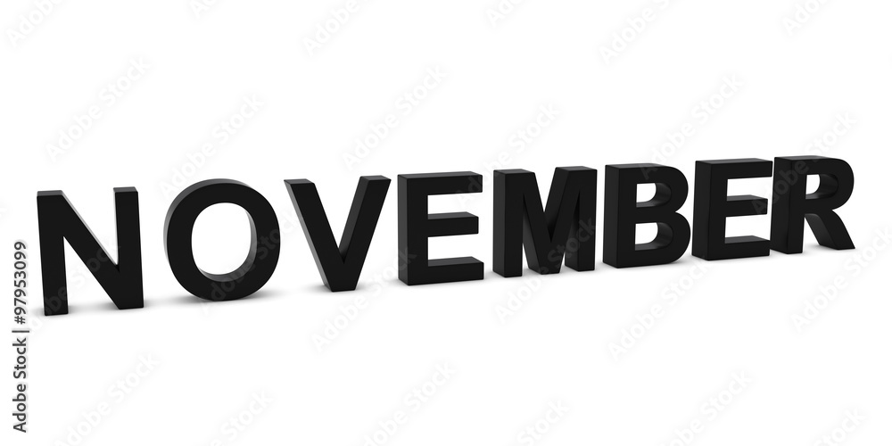 NOVEMBER Black 3D Month Text Isolated on White NOVEMBER Black 3D Month Text Isolated on White