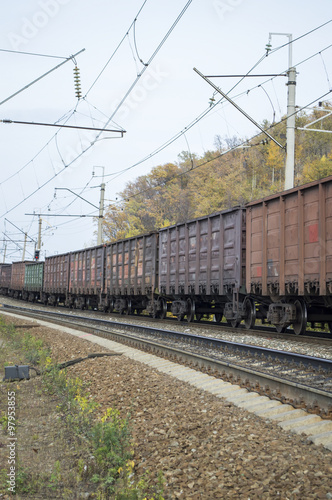 Freight transport cars on the railroad in the movement