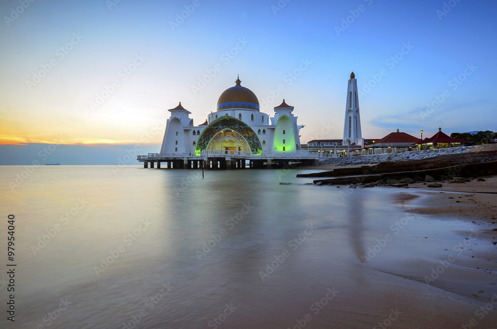 Majestic view of Malacca Straits Mosque during sunset. 