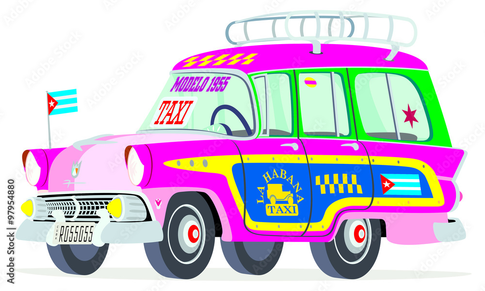 Caricatura Ford Country Squire 1955 taxi Cuba rosa vista frontal y lateral  Stock Vector | Adobe Stock