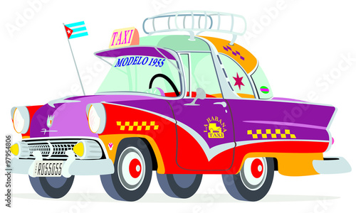 Caricatura Ford Crown Victoria 1955 taxi Cuba rojo y violeta vista frontal y lateral