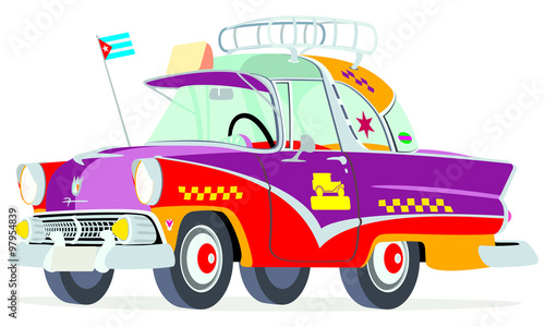 Caricatura Ford Crown Victoria 1955 taxi Cuba rojo y violeta vista frontal y lateral
