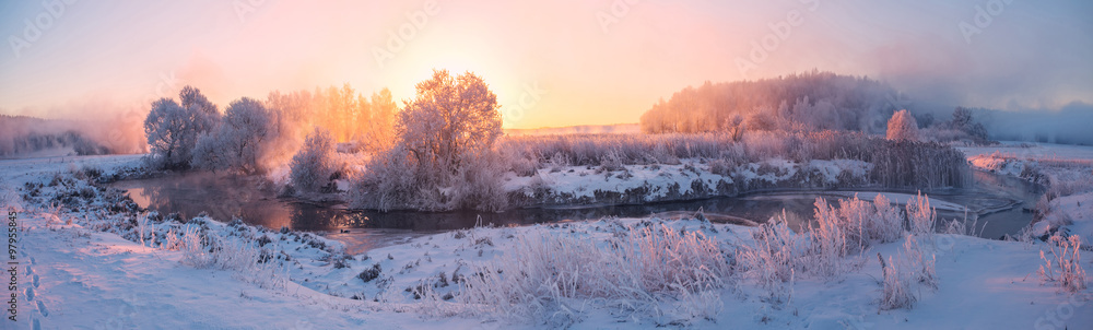 Plakat sunny winter sunrise on river