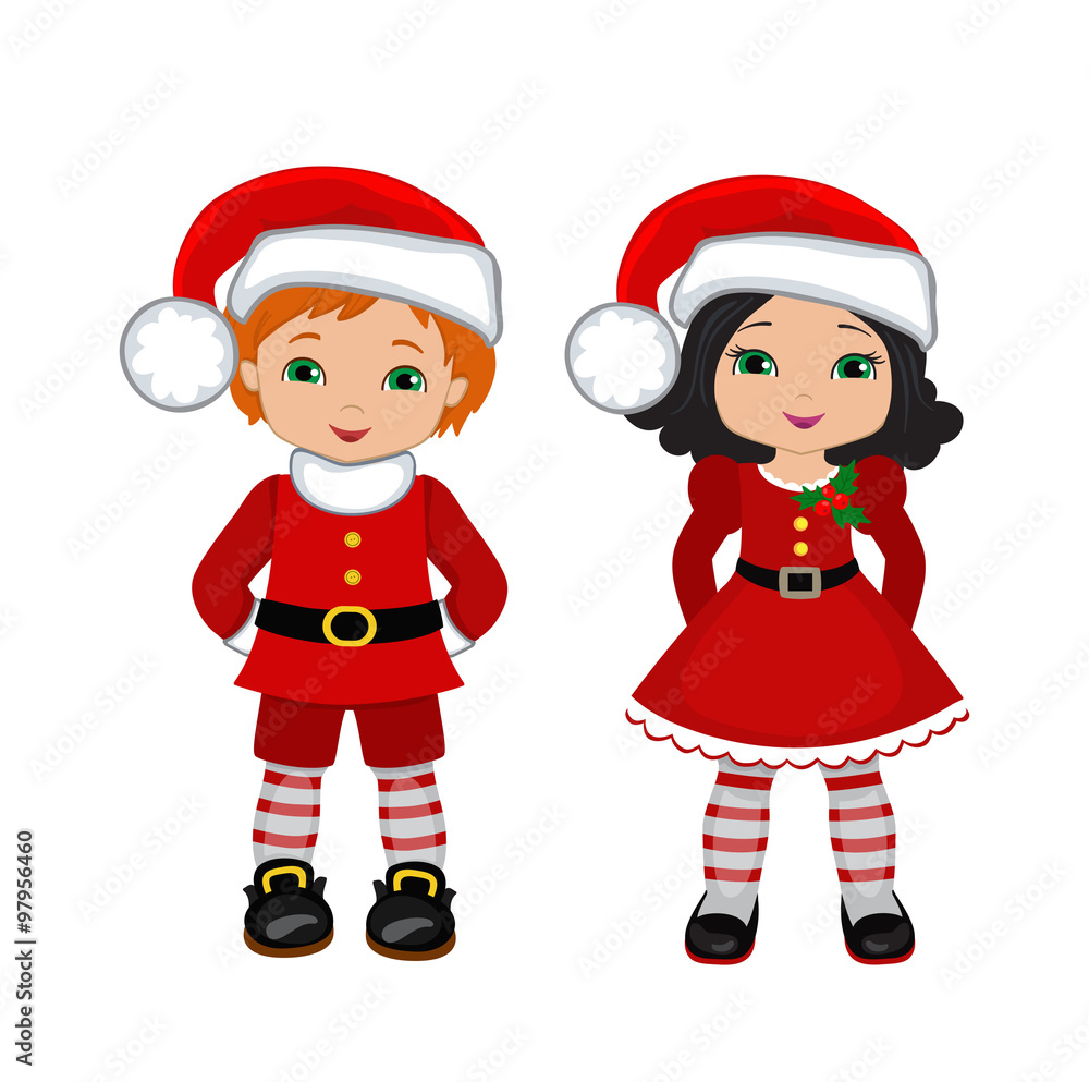 Boy and Girl with Christmas Costume. Vector cartoon illustration. Boy and Girl with Christmas Costume. Vector cartoon illustration.
