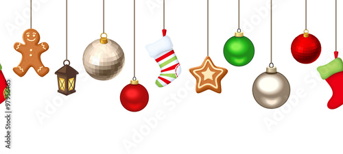 Vector horizontal seamless background with hanging Christmas balls, socks and gingerbread cookies on a white wooden background.