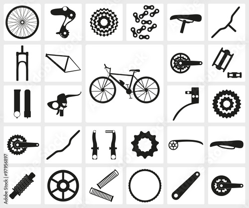 Set of black silhouette icons of bicycle spare parts. Twenty seven icons, infographic elements. Vector illustration