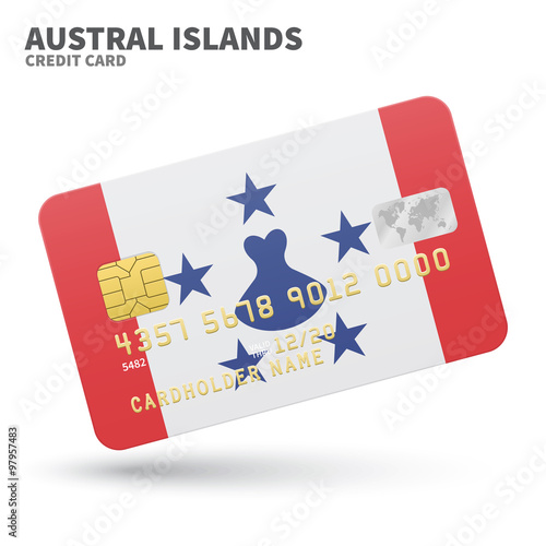 Credit card with Austral Islands flag background for bank, presentations and business. Isolated on white photo