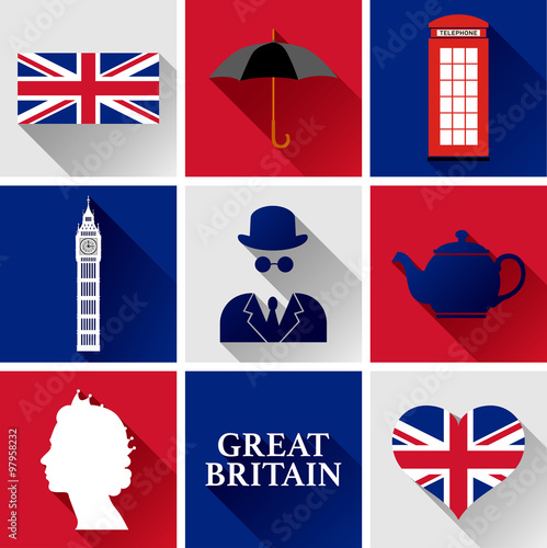 Great Britain Flat Icon Set.
Set of vector graphic flat icons representing symbols and landmarks of Great Britain.