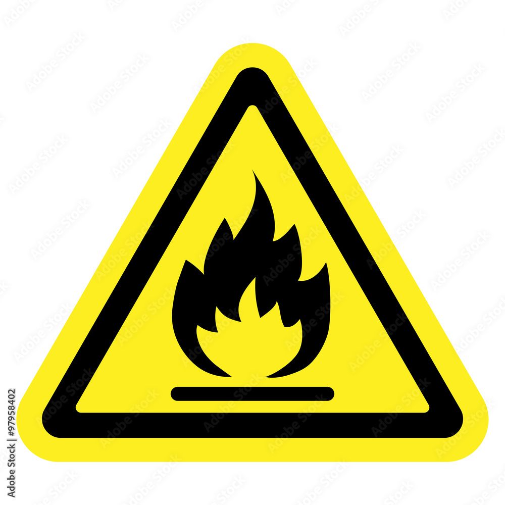Fire warning sign in yellow triangle, isolated on white background