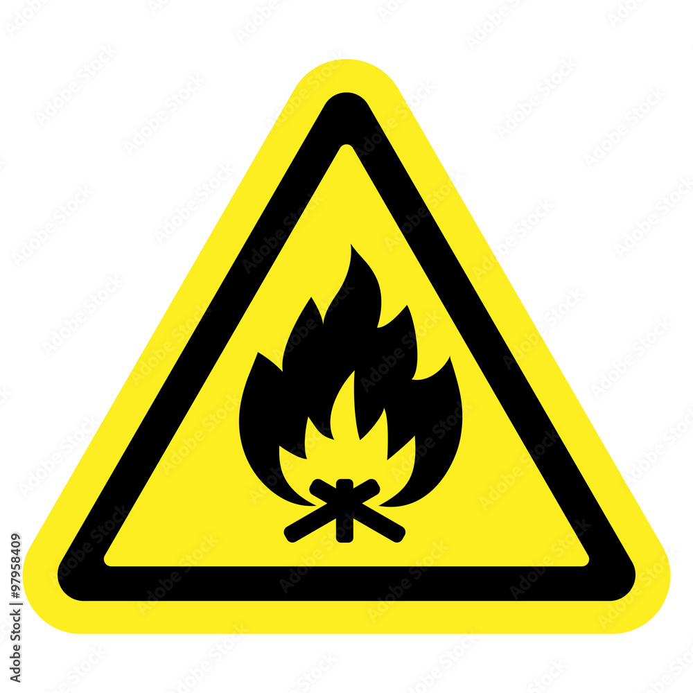 Fire warning sign in yellow triangle, isolated on white background. Flammable, inflammable substances icon. Safety icon. Vector illustration Fire warning sign in yellow triangle, isolated on white background. Flammable, inflammable substances icon. Safety icon. Vector illustration